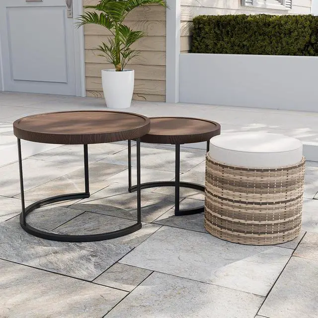 Alt view image 5 of 7 - Sunset Dune Collection Round Modern Nesting Coffee Tables, Wood Grain Top Stacking Accent Tables, Matching Ottoman, Indoor Outdoor, Set of 3, Brown
