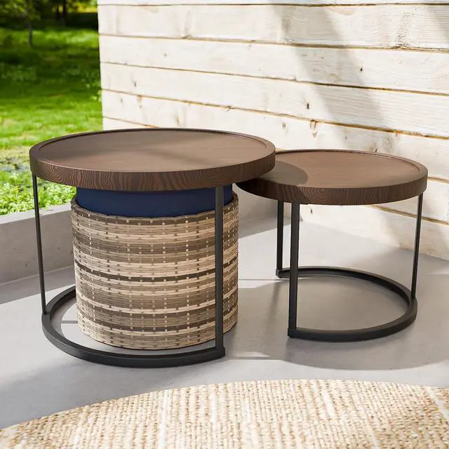 Alt view image 5 of 7 - Sunset Dune Collection Round Modern Nesting Coffee Tables, Wood Grain Top Stacking Accent Tables, Matching Ottoman, Indoor Outdoor, Set of 3, Blue