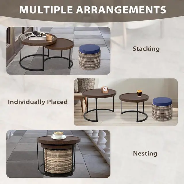 Alt view image 7 of 7 - Sunset Dune Collection Round Modern Nesting Coffee Tables, Wood Grain Top Stacking Accent Tables, Matching Ottoman, Indoor Outdoor, Set of 3, Blue