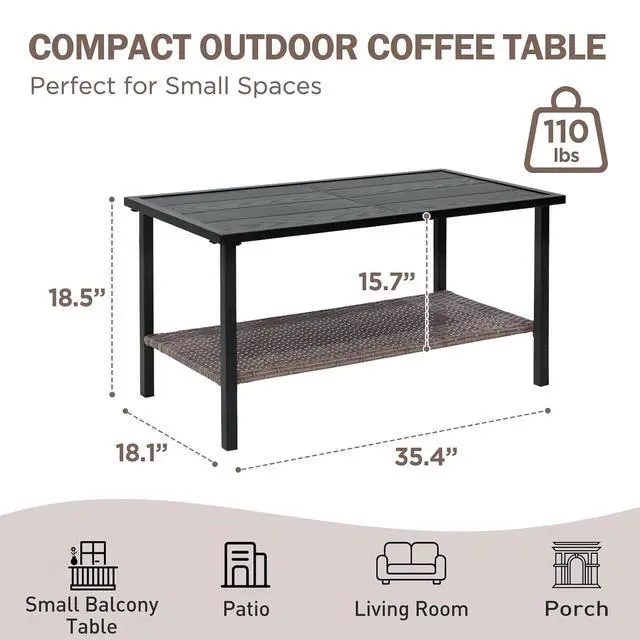 Alt view image 2 of 7 - Mojave Dusk Patio Coffee Table with Wood Grain Top and Wicker Shelf, Durable Weather-Resistant Outdoor Table for Deck, Porch, or Garden, Large