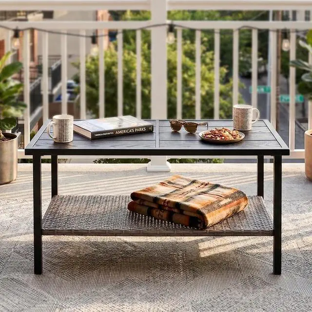 Main image of Mojave Dusk Patio Coffee Table with Wood Grain Top and Wicker Shelf, Durable Weather-Resistant Outdoor Table for Deck, Porch, or Garden, Large