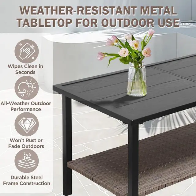 Alt view image 3 of 7 - Mojave Dusk Patio Coffee Table with Wood Grain Top and Wicker Shelf, Durable Weather-Resistant Outdoor Table for Deck, Porch, or Garden, Large