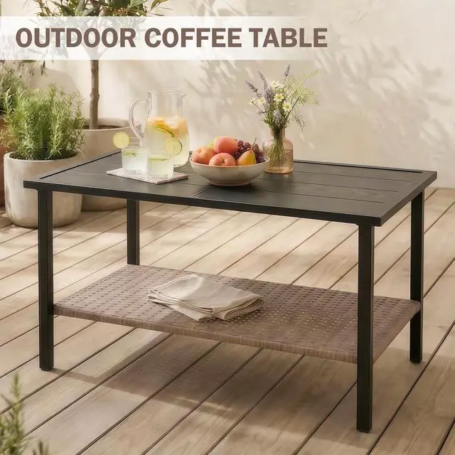 Alt view image 5 of 7 - Mojave Dusk Patio Coffee Table with Wood Grain Top and Wicker Shelf, Durable Weather-Resistant Outdoor Table for Deck, Porch, or Garden, Large