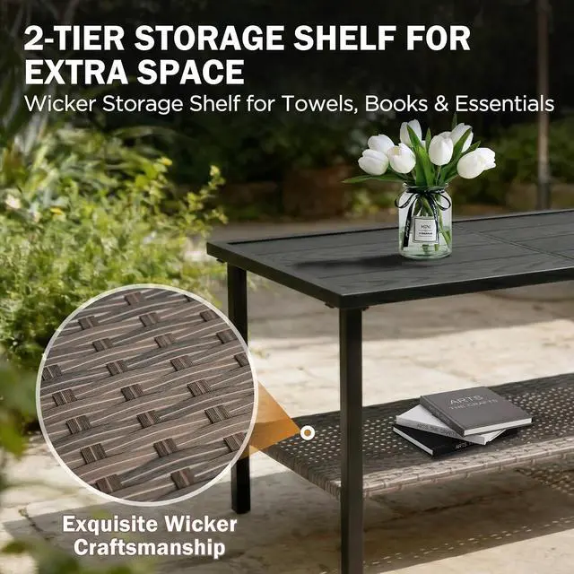 Alt view image 6 of 7 - Mojave Dusk Patio Coffee Table with Wood Grain Top and Wicker Shelf, Durable Weather-Resistant Outdoor Table for Deck, Porch, or Garden, Large