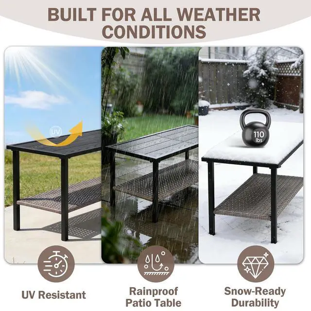 Alt view image 7 of 7 - Mojave Dusk Patio Coffee Table with Wood Grain Top and Wicker Shelf, Durable Weather-Resistant Outdoor Table for Deck, Porch, or Garden, Large