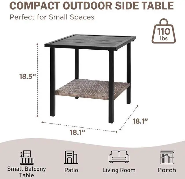 Alt view image 2 of 7 - Mojave Dusk Patio Side Table with Wood Grain Top and Wicker Shelf, Durable Weather-Resistant Outdoor Table for Balcony, Porch, Deck, or Garden, Small