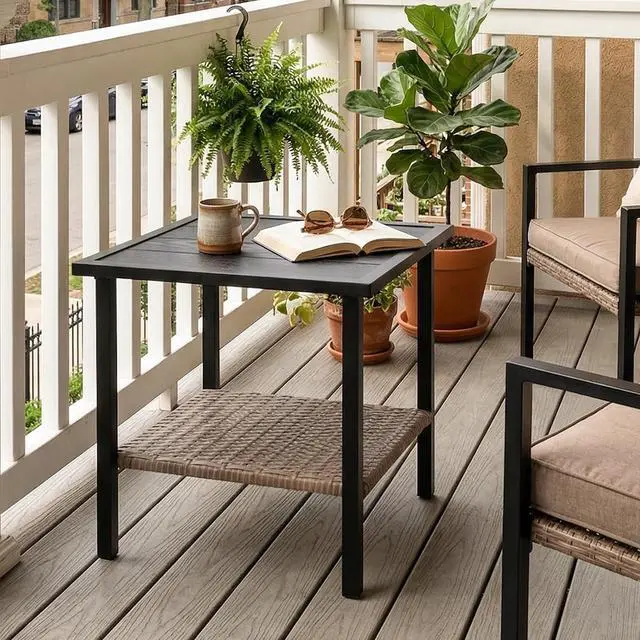 Main image of Mojave Dusk Patio Side Table with Wood Grain Top and Wicker Shelf, Durable Weather-Resistant Outdoor Table for Balcony, Porch, Deck, or Garden, Small