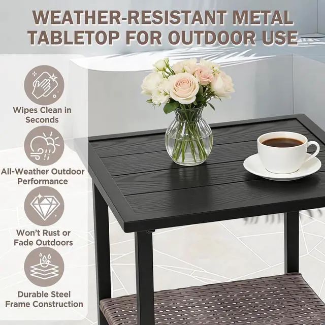 Alt view image 3 of 7 - Mojave Dusk Patio Side Table with Wood Grain Top and Wicker Shelf, Durable Weather-Resistant Outdoor Table for Balcony, Porch, Deck, or Garden, Small