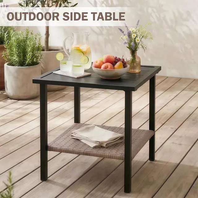 Alt view image 5 of 7 - Mojave Dusk Patio Side Table with Wood Grain Top and Wicker Shelf, Durable Weather-Resistant Outdoor Table for Balcony, Porch, Deck, or Garden, Small
