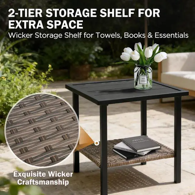 Alt view image 6 of 7 - Mojave Dusk Patio Side Table with Wood Grain Top and Wicker Shelf, Durable Weather-Resistant Outdoor Table for Balcony, Porch, Deck, or Garden, Small