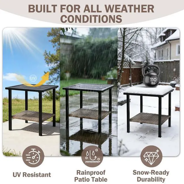 Alt view image 7 of 7 - Mojave Dusk Patio Side Table with Wood Grain Top and Wicker Shelf, Durable Weather-Resistant Outdoor Table for Balcony, Porch, Deck, or Garden, Small