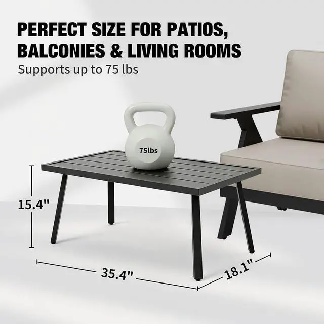Alt view image 2 of 7 - Patio Coffee Table, Weather-Resistant Outdoor Rectangle Table for Balcony, Porch, Deck, or Garden, Modern Design, 35.4" x 17.7" x 15"