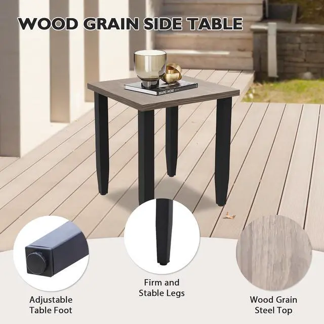 Alt view image 3 of 7 - Modern Outdoor Table, Patio Table with Wood Grain Top for Deck, Porch, Balcony, Garden, Square Side Table