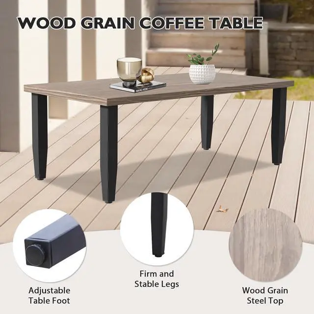 Alt view image 3 of 7 - Modern Outdoor Table, Patio Coffee Table with Wood Grain Top for Deck, Porch, Balcony, Garden