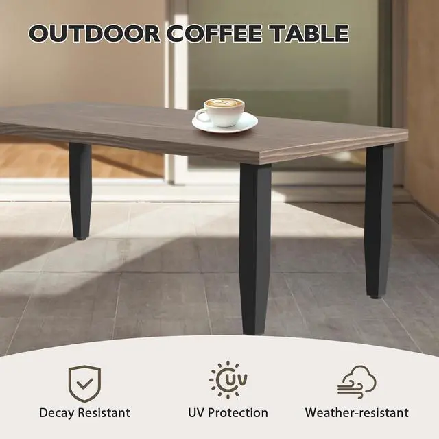 Alt view image 4 of 7 - Modern Outdoor Table, Patio Coffee Table with Wood Grain Top for Deck, Porch, Balcony, Garden