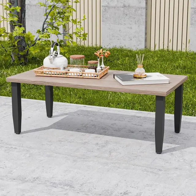 Alt view image 5 of 7 - Modern Outdoor Table, Patio Coffee Table with Wood Grain Top for Deck, Porch, Balcony, Garden