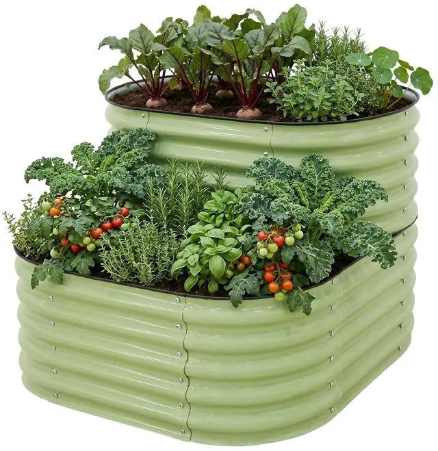 Main image of 2-Tier Galvanized Raised Garden Bed Planters, Planter Boxes Outdoorfor Vegetables, Flowers and Herbs, Assembly Modular - 33in Overall Height, 41'' L x 43'' W, Olive Green