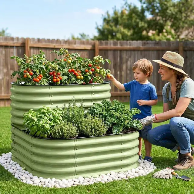 Alt view image 5 of 7 - 2-Tier Galvanized Raised Garden Bed Planters, Planter Boxes Outdoorfor Vegetables, Flowers and Herbs, Assembly Modular - 33in Overall Height, 41'' L x 43'' W, Olive Green