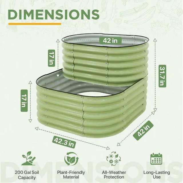 Alt view image 3 of 7 - 2-Tier Galvanized Raised Garden Bed Planters, Planter Boxes Outdoorfor Vegetables, Flowers and Herbs, Assembly Modular - 33in Overall Height, 41'' L x 43'' W, Olive Green