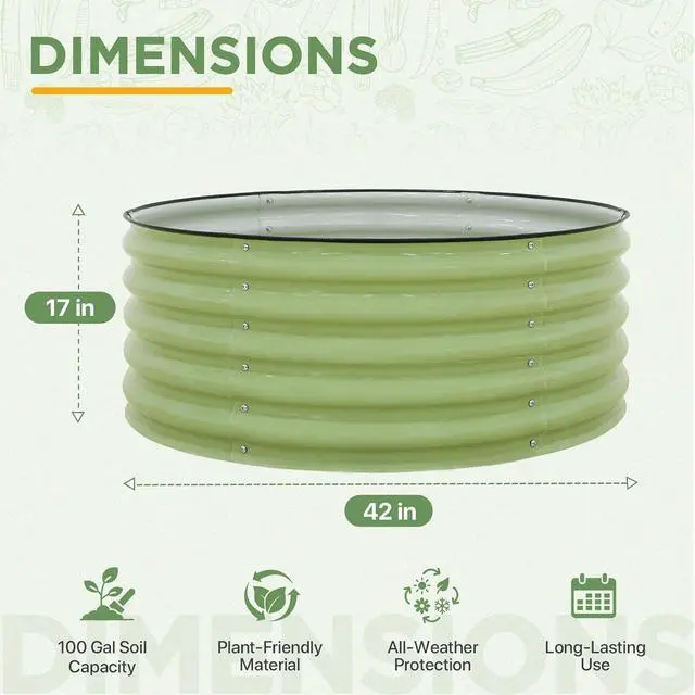 Alt view image 3 of 7 - 42'' Round 17'' Tall Raised Garden Bed Planter, Outdoor Galvanized Metal Planter Box for Vegetables, Flowers, Herbs, Olive Green