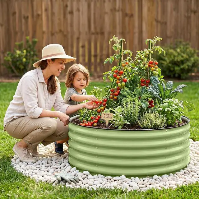 Alt view image 5 of 7 - 42'' Round 17'' Tall Raised Garden Bed Planter, Outdoor Galvanized Metal Planter Box for Vegetables, Flowers, Herbs, Olive Green