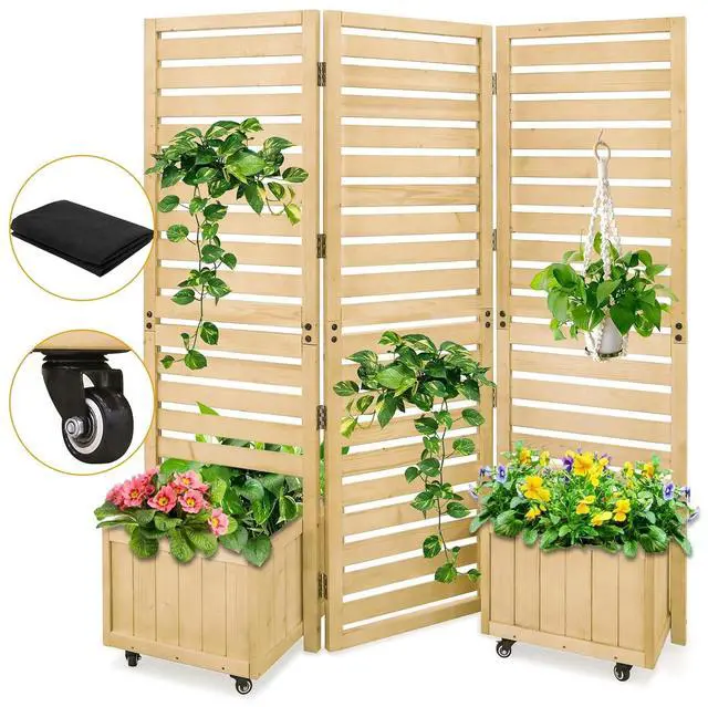 Main image of Tri Fold Outdoor Cedar Privacy Screen with 2 Raised Garden Beds, 3 Hinged Panels for Patio, Deck, Backyard, Freestanding Panel with Planter Boxes,61.3''L x 19.7''W x 66.5''H, Natural