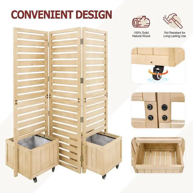 Alt view image 4 of 7 - Tri Fold Outdoor Cedar Privacy Screen with 2 Raised Garden Beds, 3 Hinged Panels for Patio, Deck, Backyard, Freestanding Panel with Planter Boxes,61.3''L x 19.7''W x 66.5''H, Natural