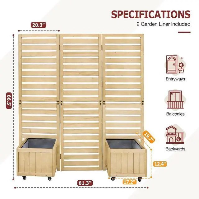 Alt view image 5 of 7 - Tri Fold Outdoor Cedar Privacy Screen with 2 Raised Garden Beds, 3 Hinged Panels for Patio, Deck, Backyard, Freestanding Panel with Planter Boxes,61.3''L x 19.7''W x 66.5''H, Natural