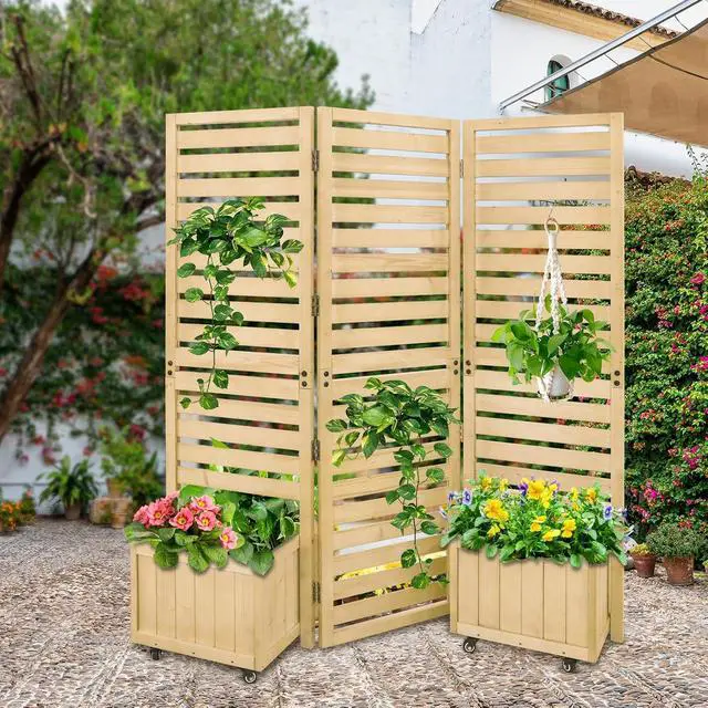 Alt view image 6 of 7 - Tri Fold Outdoor Cedar Privacy Screen with 2 Raised Garden Beds, 3 Hinged Panels for Patio, Deck, Backyard, Freestanding Panel with Planter Boxes,61.3''L x 19.7''W x 66.5''H, Natural