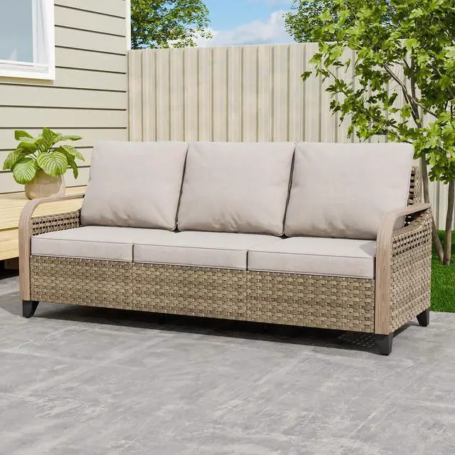 Main image of Wicker Outdoor Patio Sofa Modern Rattan Patio Furniture Loveseat for Backyard Deck Porch Balcony, 3 Seat Couch, Brown/Gray