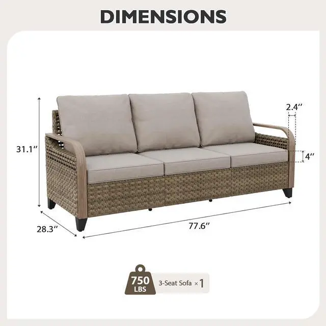 Alt view image 2 of 7 - Wicker Outdoor Patio Sofa Modern Rattan Patio Furniture Loveseat for Backyard Deck Porch Balcony, 3 Seat Couch, Brown/Gray