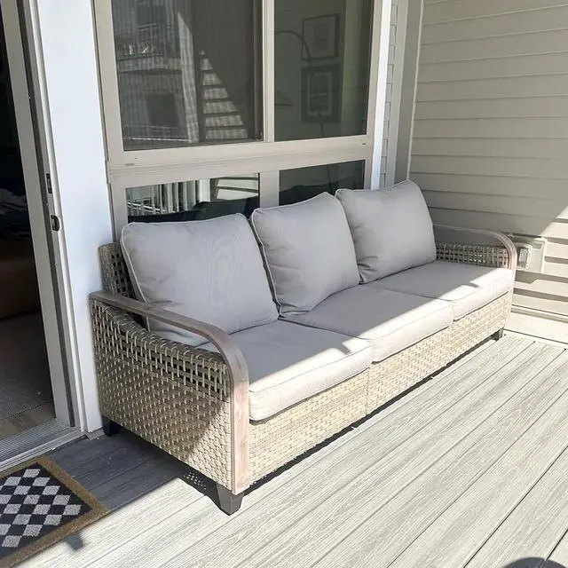 Alt view image 5 of 7 - Wicker Outdoor Patio Sofa Modern Rattan Patio Furniture Loveseat for Backyard Deck Porch Balcony, 3 Seat Couch, Brown/Gray