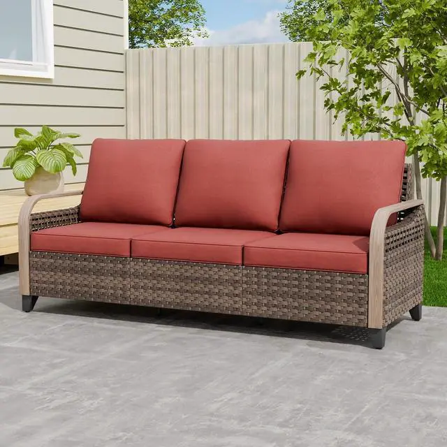 Main image of Wicker Outdoor Patio Sofa Modern Rattan Patio Furniture Loveseat for Backyard Deck Porch Balcony, 3 Seat Couch, Brown/Red
