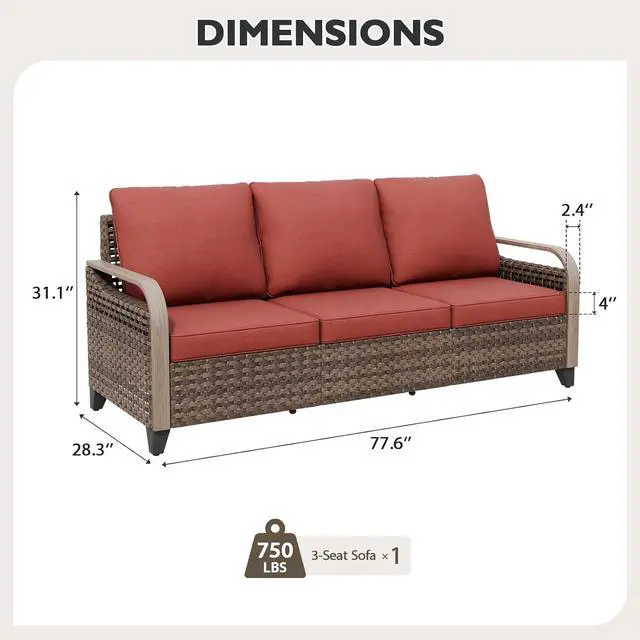 Alt view image 2 of 7 - Wicker Outdoor Patio Sofa Modern Rattan Patio Furniture Loveseat for Backyard Deck Porch Balcony, 3 Seat Couch, Brown/Red