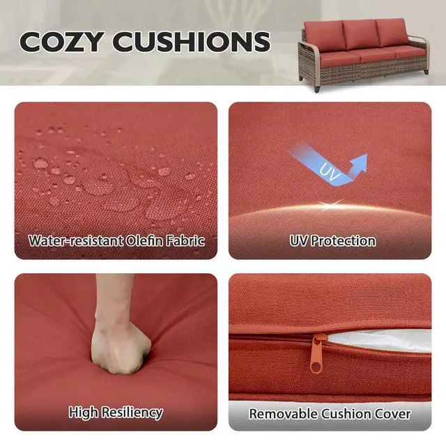Alt view image 3 of 7 - Wicker Outdoor Patio Sofa Modern Rattan Patio Furniture Loveseat for Backyard Deck Porch Balcony, 3 Seat Couch, Brown/Red