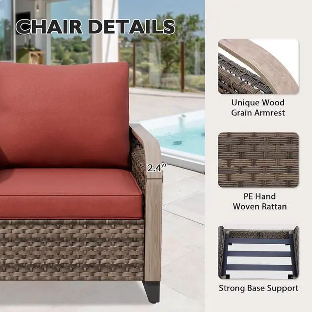 Alt view image 4 of 7 - Wicker Outdoor Patio Sofa Modern Rattan Patio Furniture Loveseat for Backyard Deck Porch Balcony, 3 Seat Couch, Brown/Red