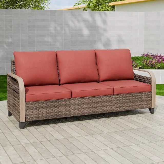 Alt view image 5 of 7 - Wicker Outdoor Patio Sofa Modern Rattan Patio Furniture Loveseat for Backyard Deck Porch Balcony, 3 Seat Couch, Brown/Red