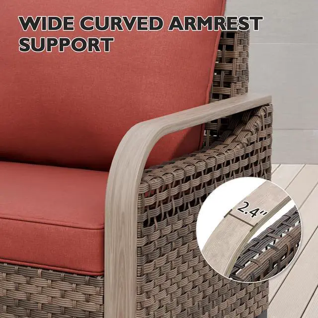 Alt view image 6 of 7 - Wicker Outdoor Patio Sofa Modern Rattan Patio Furniture Loveseat for Backyard Deck Porch Balcony, 3 Seat Couch, Brown/Red