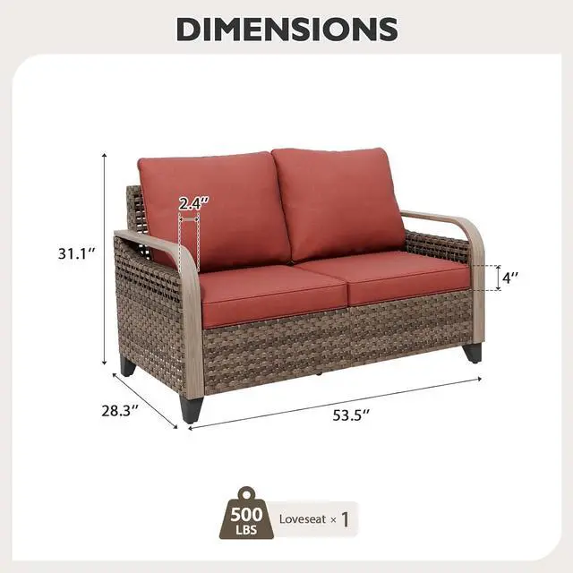 Alt view image 2 of 7 - Wicker Outdoor Patio Sofa Modern Rattan Patio Furniture Loveseat for Backyard Deck Porch Balcony, 2 Seat Loveseat, Brown/Red