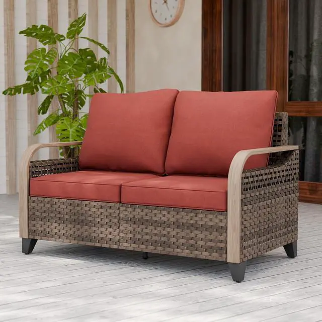 Alt view image 5 of 7 - Wicker Outdoor Patio Sofa Modern Rattan Patio Furniture Loveseat for Backyard Deck Porch Balcony, 2 Seat Loveseat, Brown/Red