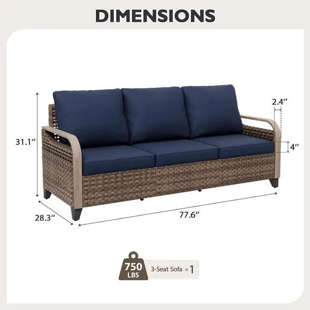 Alt view image 2 of 7 - Wicker Outdoor Patio Sofa Modern Rattan Patio Furniture Loveseat for Backyard Deck Porch Balcony, 3 Seat Couch, Brown/Blue