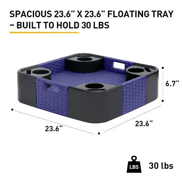 Alt view image 2 of 7 - 24x24 Square Floating Tray for Pool and Hot Tub Wicker Serving Tray with Handles & Cup Large Floating Tray for Food & Drinks, Blue