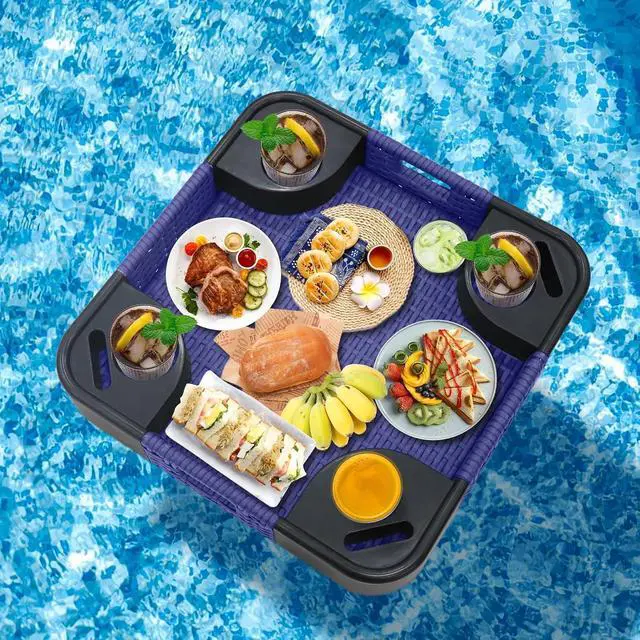 Main image of 24x24 Square Floating Tray for Pool and Hot Tub Wicker Serving Tray with Handles & Cup Large Floating Tray for Food & Drinks, Blue