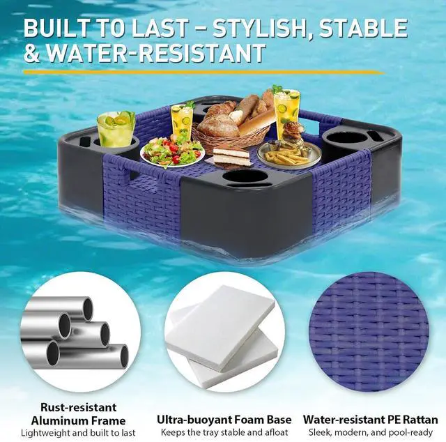 Alt view image 3 of 7 - 24x24 Square Floating Tray for Pool and Hot Tub Wicker Serving Tray with Handles & Cup Large Floating Tray for Food & Drinks, Blue