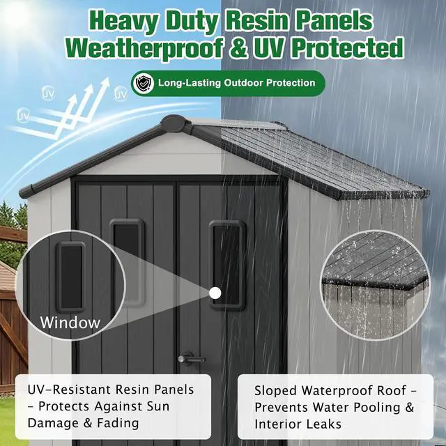 Alt view image 2 of 7 - 6x4 Outdoor Storage Shed, Weatherproof Resin Storage Shed with Floor, Tongue-and-Groove Roof Panels, Windows and Lockable Doors, Garden Tool Storage Shed for Backyard, Patio, White/Gray