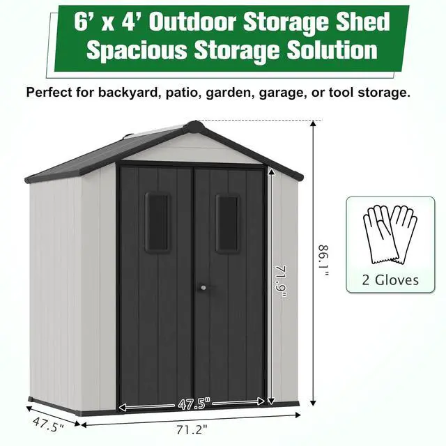 Alt view image 3 of 7 - 6x4 Outdoor Storage Shed, Weatherproof Resin Storage Shed with Floor, Tongue-and-Groove Roof Panels, Windows and Lockable Doors, Garden Tool Storage Shed for Backyard, Patio, White/Gray