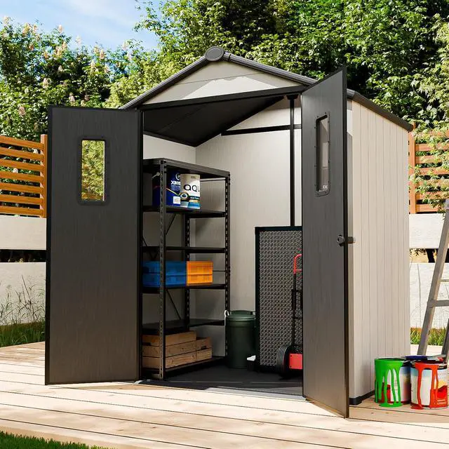 Main image of 6x4 Outdoor Storage Shed, Weatherproof Resin Storage Shed with Floor, Tongue-and-Groove Roof Panels, Windows and Lockable Doors, Garden Tool Storage Shed for Backyard, Patio, White/Gray