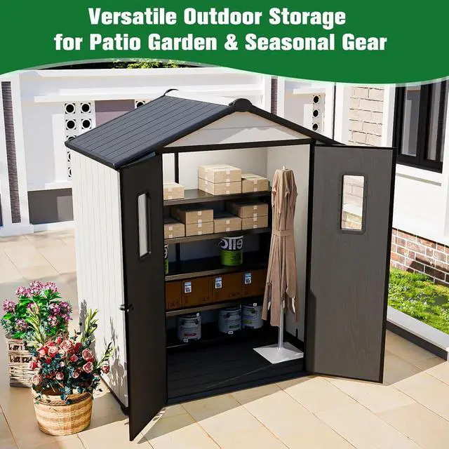 Alt view image 5 of 7 - 6x4 Outdoor Storage Shed, Weatherproof Resin Storage Shed with Floor, Tongue-and-Groove Roof Panels, Windows and Lockable Doors, Garden Tool Storage Shed for Backyard, Patio, White/Gray