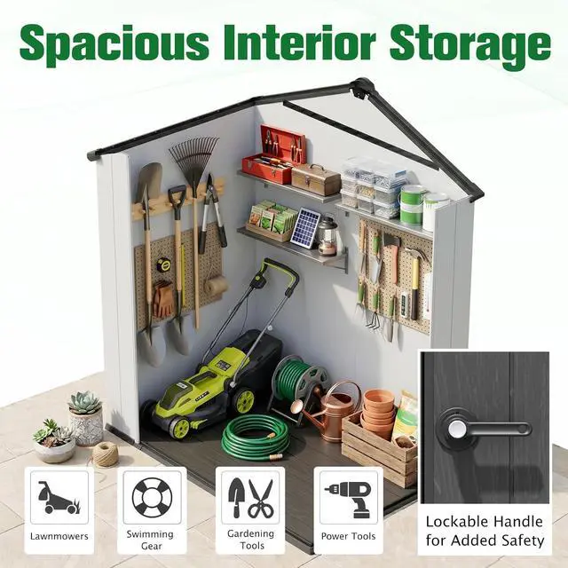 Alt view image 7 of 7 - 6x4 Outdoor Storage Shed, Weatherproof Resin Storage Shed with Floor, Tongue-and-Groove Roof Panels, Windows and Lockable Doors, Garden Tool Storage Shed for Backyard, Patio, White/Gray