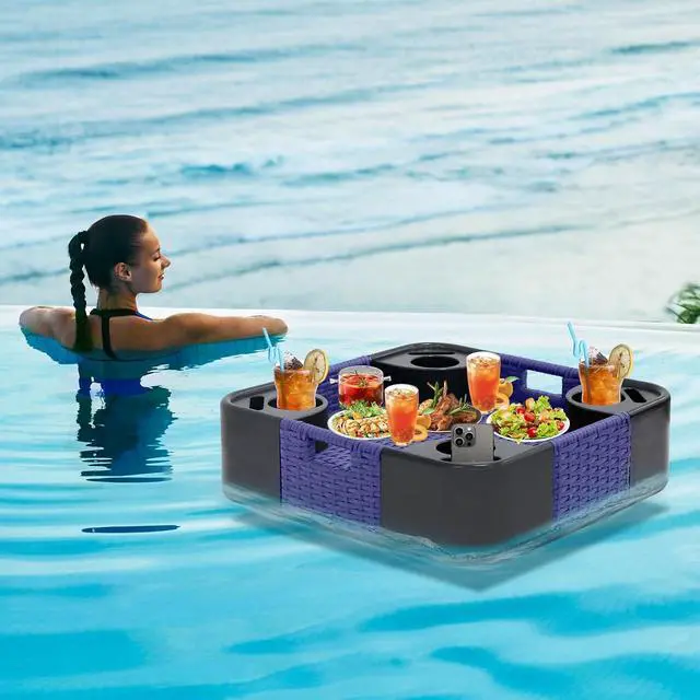 Alt view image 5 of 7 - 24x24 Square Floating Tray for Pool and Hot Tub Wicker Serving Tray with Handles & Cup Large Floating Tray for Food & Drinks, Blue